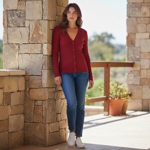 Lands’ End Ribbed V-Neck Cardigan Burgundy Size M Long Sleeve Button Up Y2K